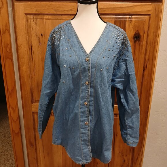 Vintage Monique Fashions Star-Studded Denim BlouseWestern GlamSize 10